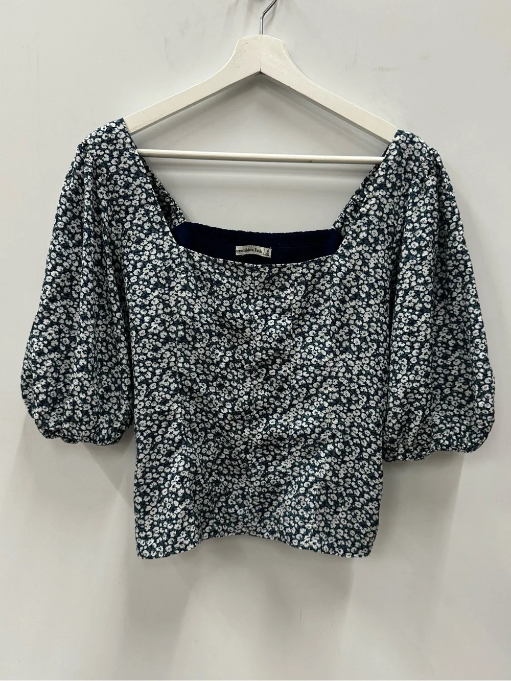 Abercrombie & Fitch Navy Floral Puff-Sleeve Square Neck Women's Blouse Sz Medium